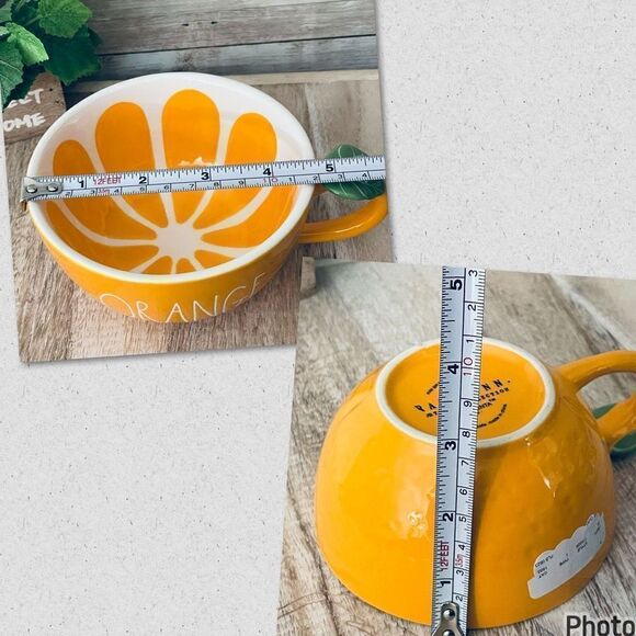 NWT Set of 2,Gorgeous Rae Dunn ORANGE Glossy Ceramic Mugs Set with leaf handle - Picture 12 of 17